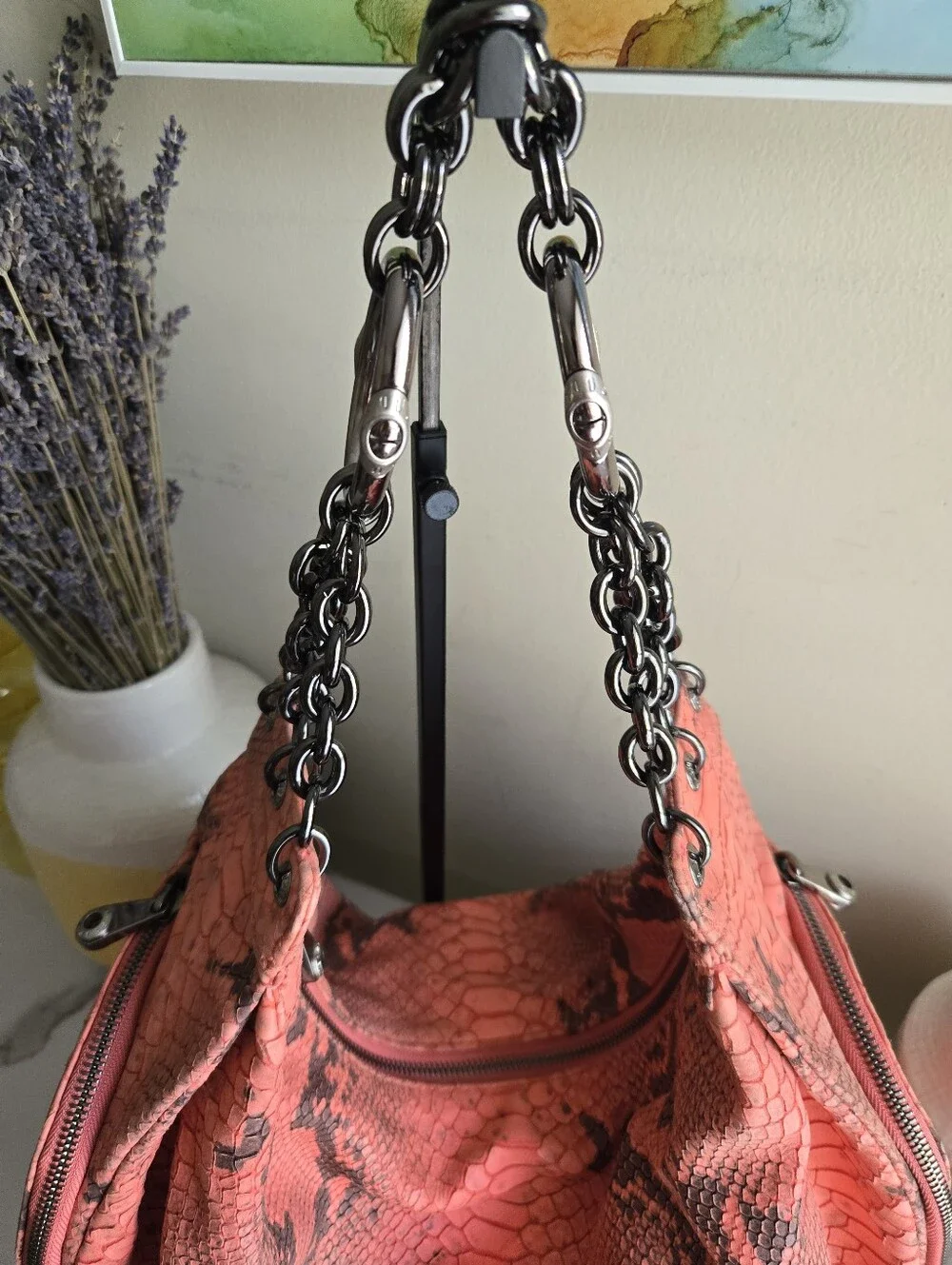 EUC Henri Bendel Snake Print Large Coral Hobo Shoulder Bag With Mirror Charm